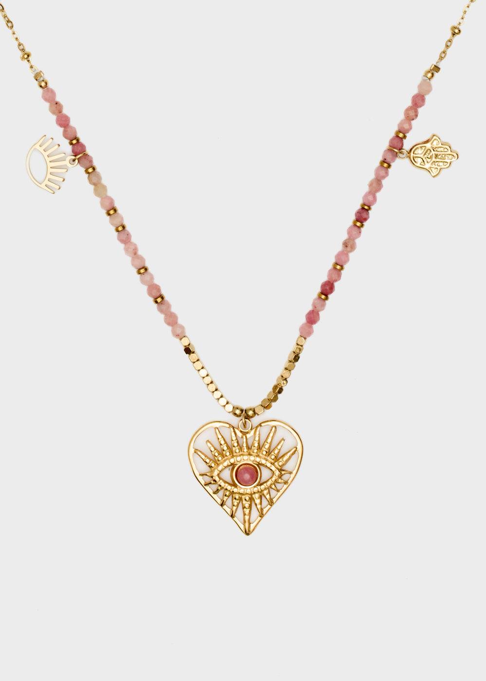 Nalí S.STEEL NECKLACE W/ NAT.STONE+PINK HEART Qualità Garantita
