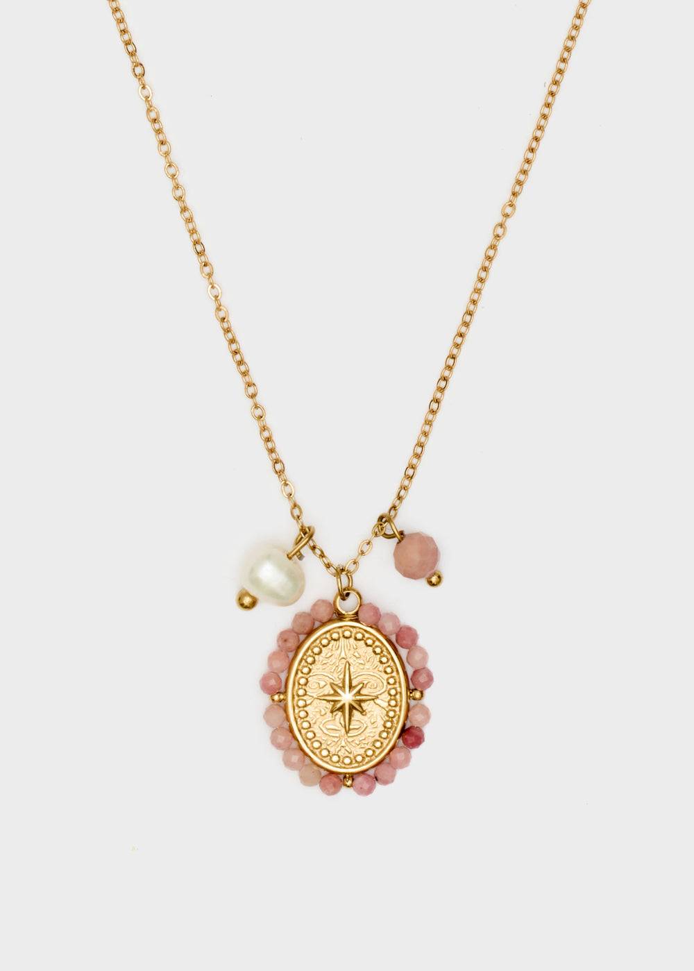 Nalí GOLD NECKLACE W/ PINK PENDANT+PEARLS Saldi Di Fabbrica