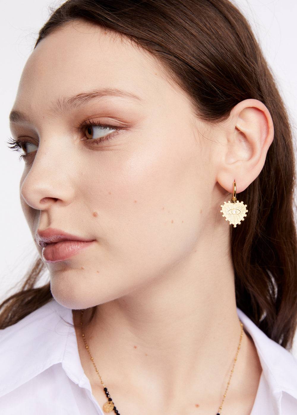 Nalí S.STEEL HOOP EARRINGS W/ GOLD HEART+EYE Prezzo Ridotto