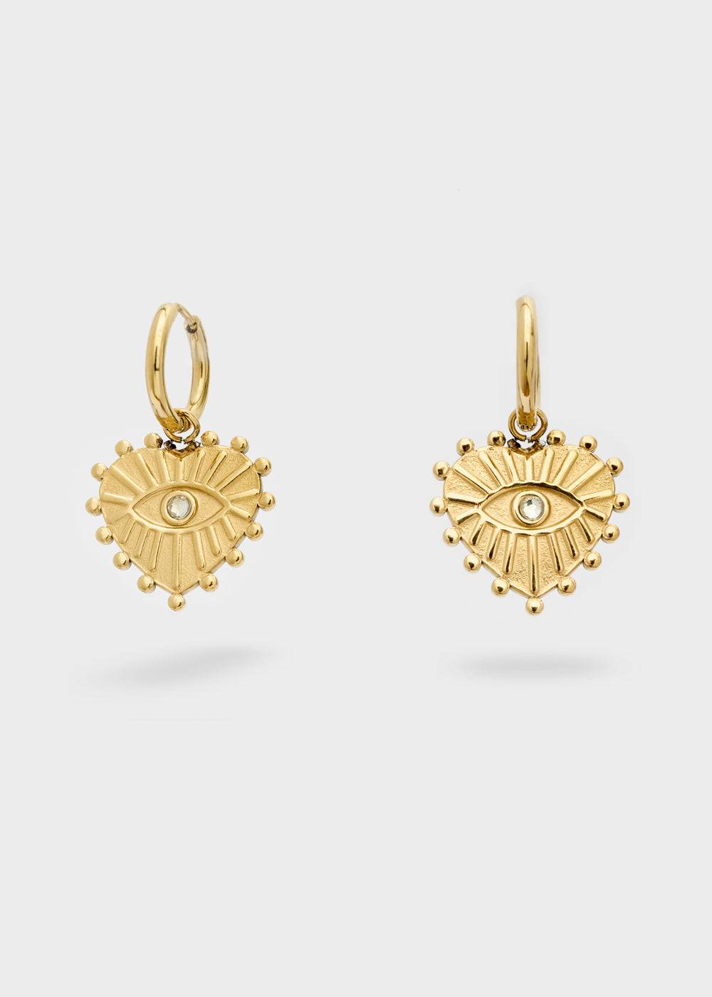 Nalí S.STEEL HOOP EARRINGS W/ GOLD HEART+EYE Prezzo Ridotto