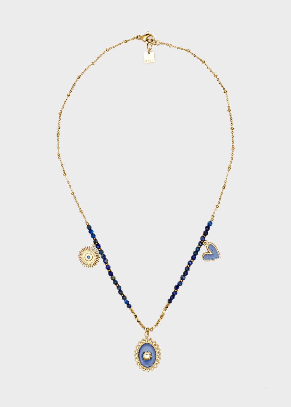 Nalí S.STEEL NECKLACE W/ OVAL BLUE NAT. STONE Saldi Di Fabbrica