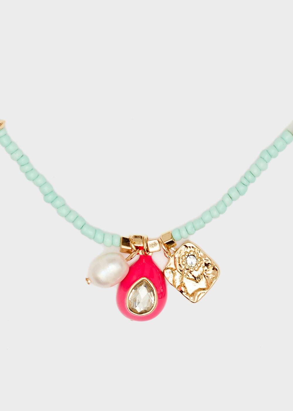 Nalí NECKLACE W/ L.BLUE BEADS+FUCHSIA PENDANT Presa