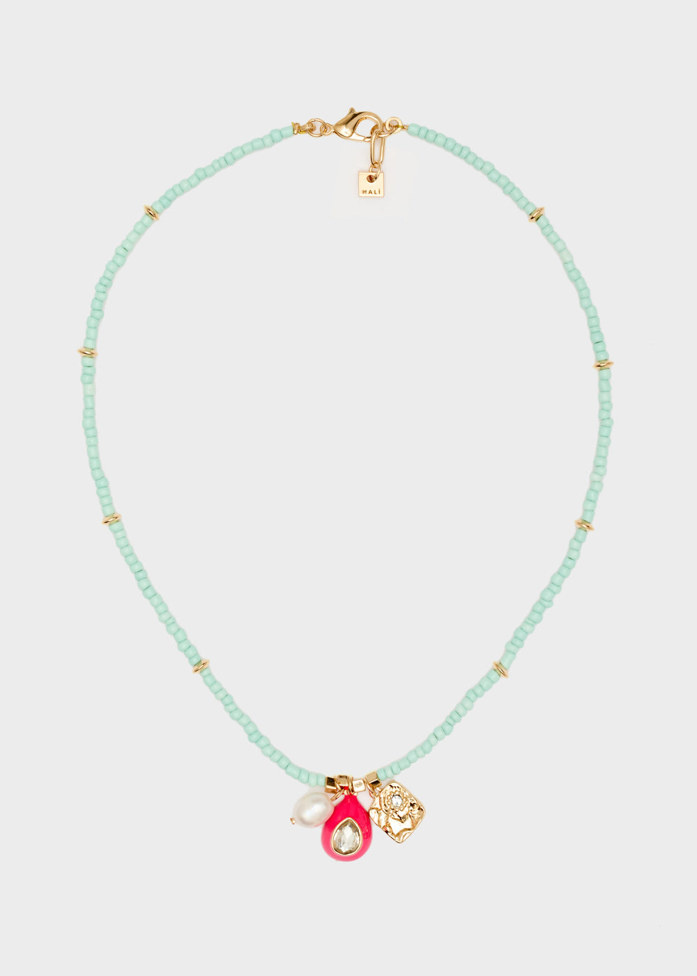 Nalí NECKLACE W/ L.BLUE BEADS+FUCHSIA PENDANT Presa