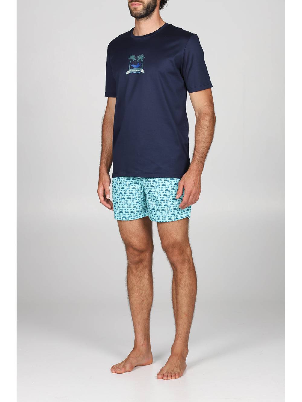Julipet T-shirt in jersey di puro cotone blu, con stampa piazzata "palme" Moda