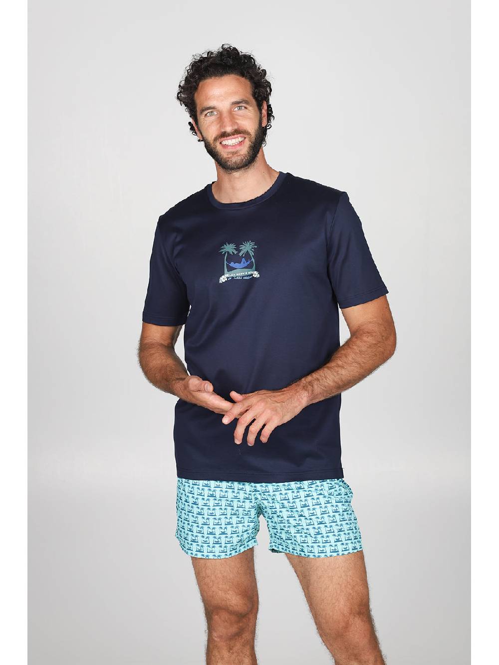 Julipet T-shirt in jersey di puro cotone blu, con stampa piazzata "palme" Moda