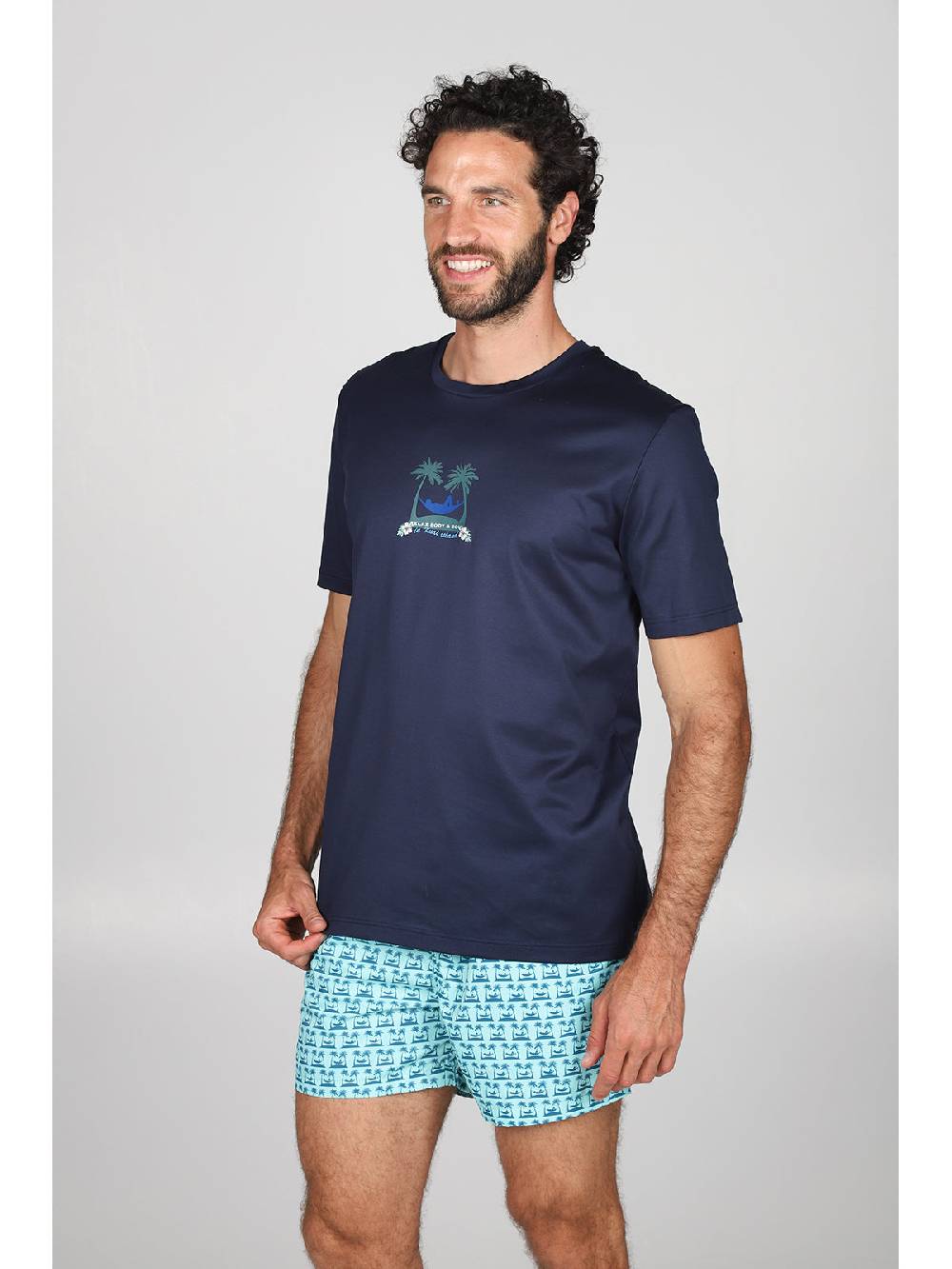 Julipet T-shirt in jersey di puro cotone blu, con stampa piazzata "palme" Moda