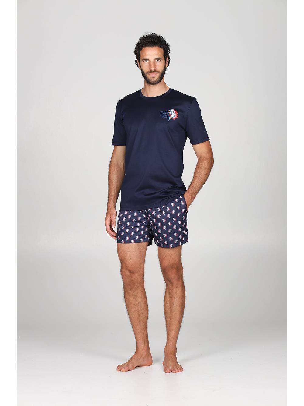Julipet T-shirt in jersey di puro cotone blu, con stampa piazzata "indiano" 2025