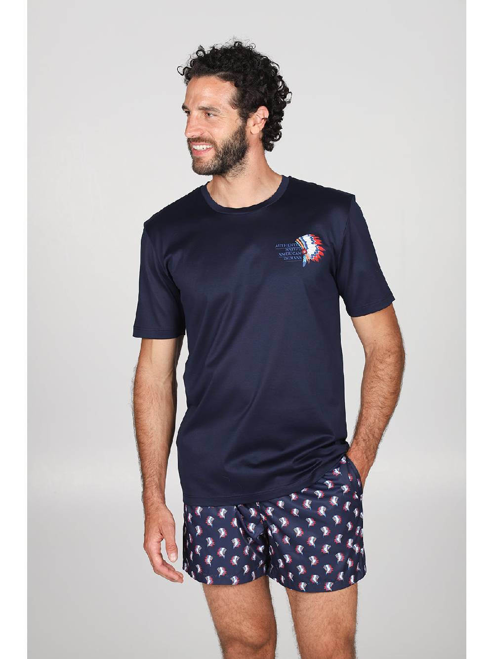 Julipet T-shirt in jersey di puro cotone blu, con stampa piazzata "indiano" 2025