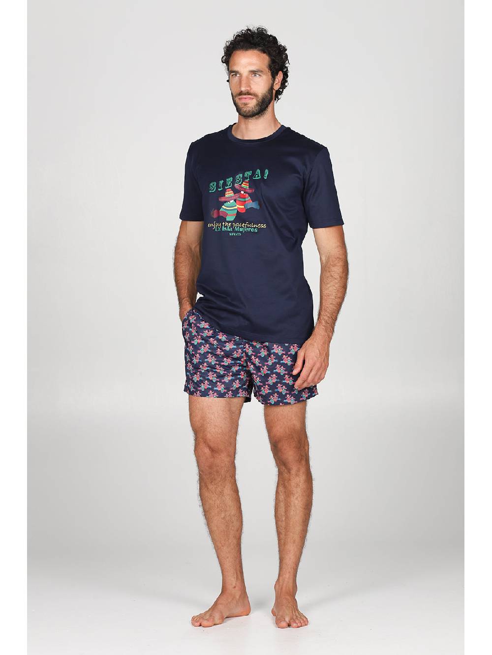 Julipet T-shirt in jersey di puro cotone blu, con stampa piazzata "siesta" Italy