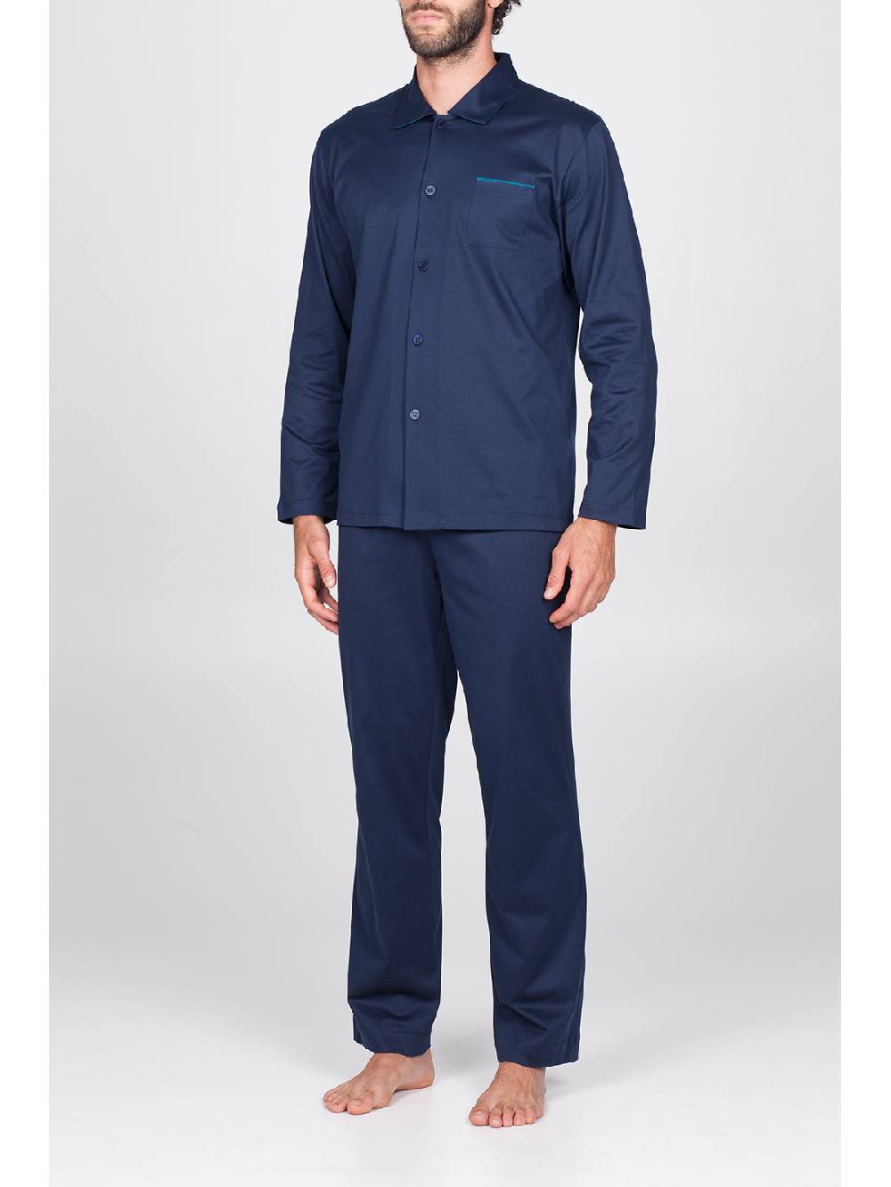 Julipet Pigiama aperto in setoso puro cotone mercerizzato blu, con colletto camicia Presa
