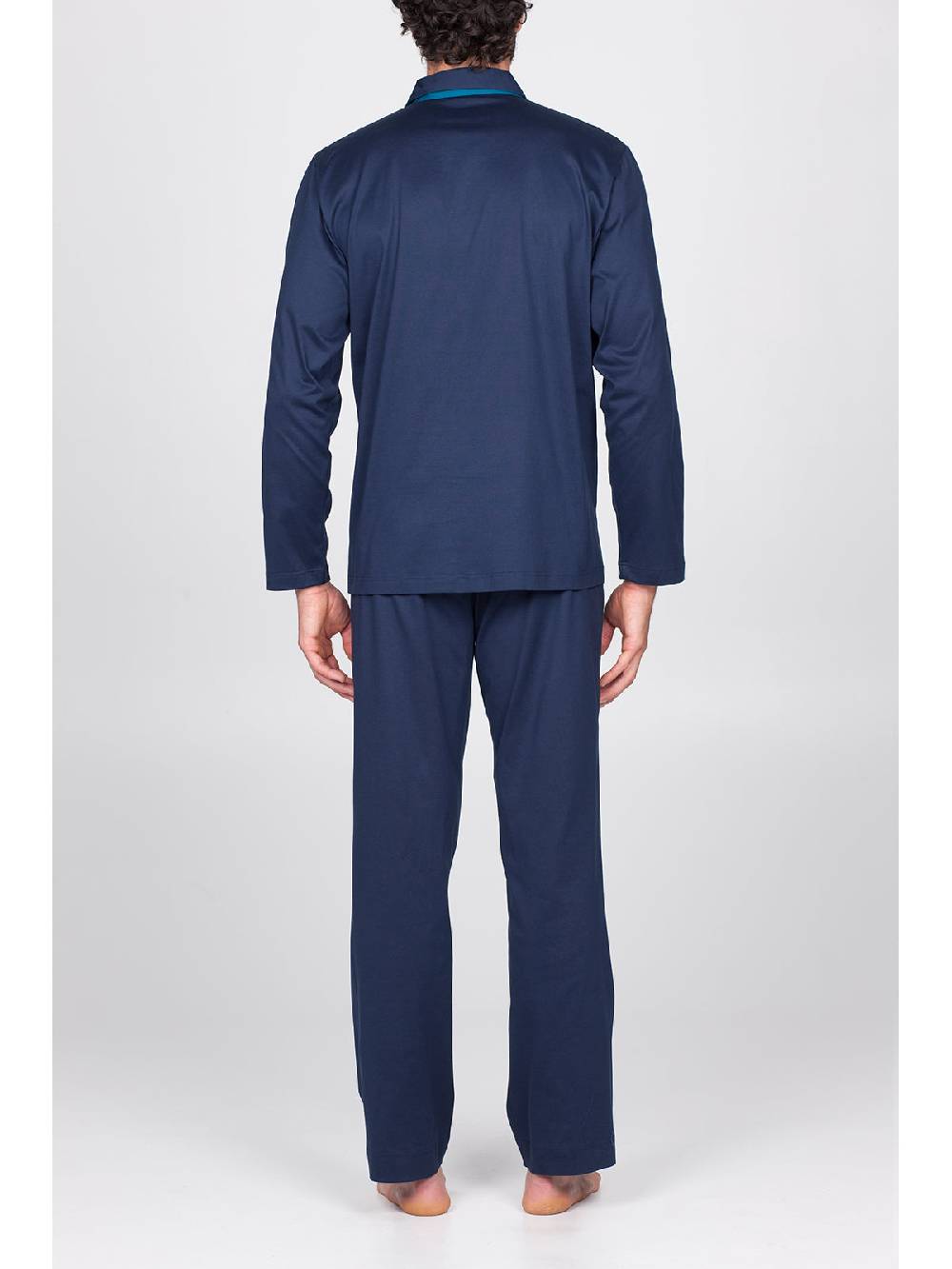 Julipet Pigiama aperto in setoso puro cotone mercerizzato blu, con colletto camicia Presa