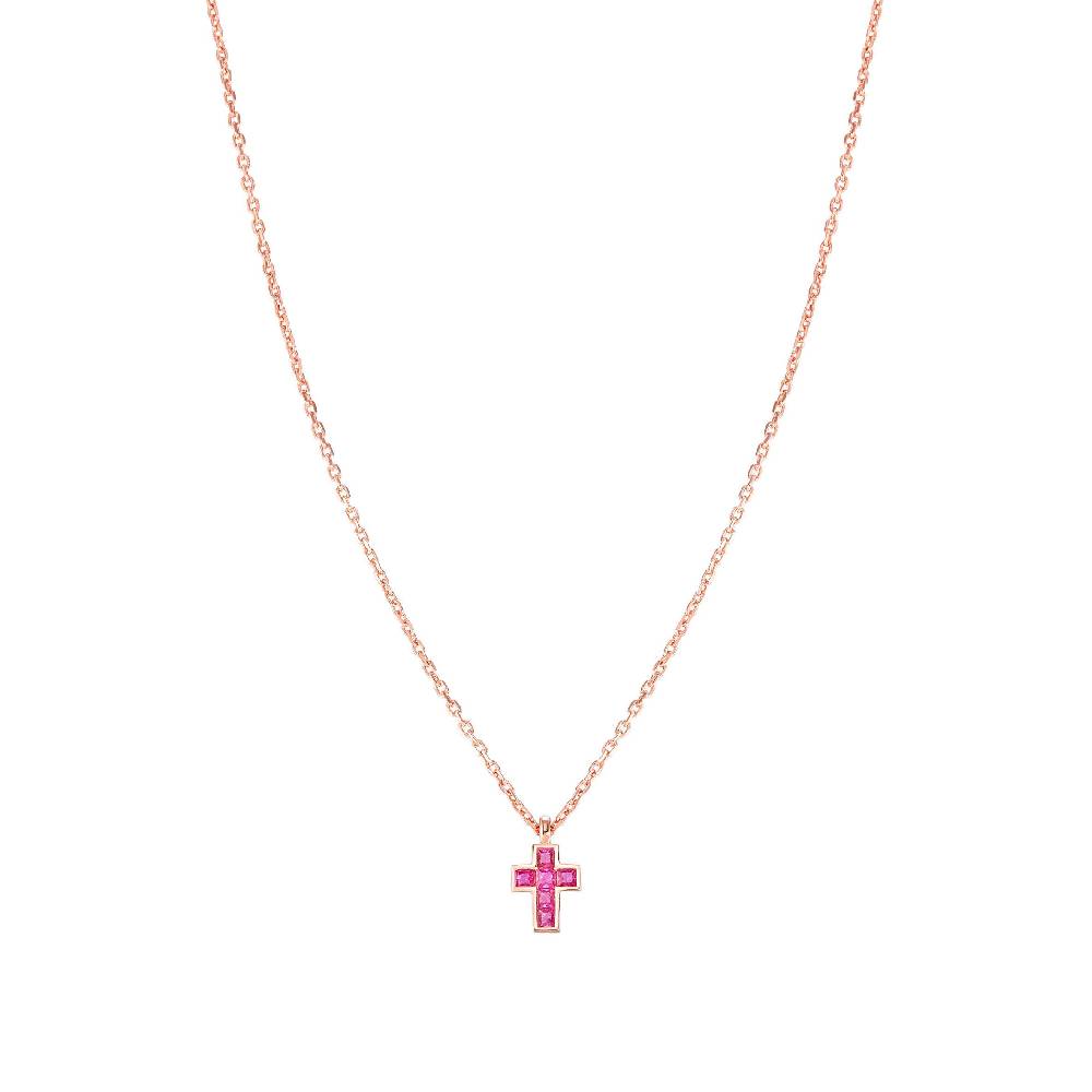 Nomination Collana Carismatica Croce piccola in Oro rosa e Pietre Fucsia Consegna Veloce