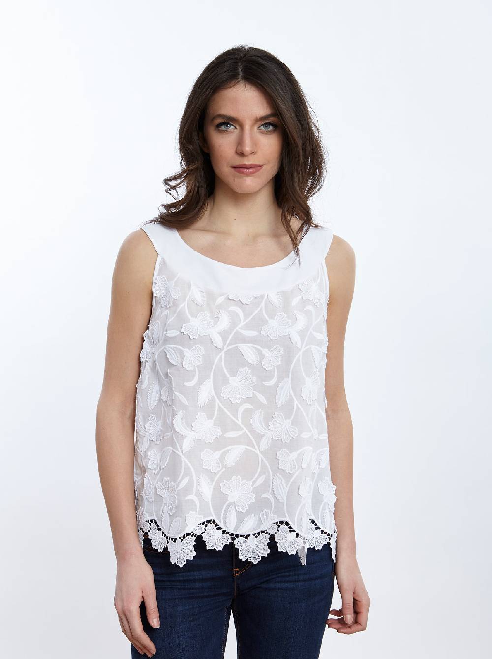 Oscalito Top in Voile di Cotone con Ricamo Surposé 4910 Nuovo