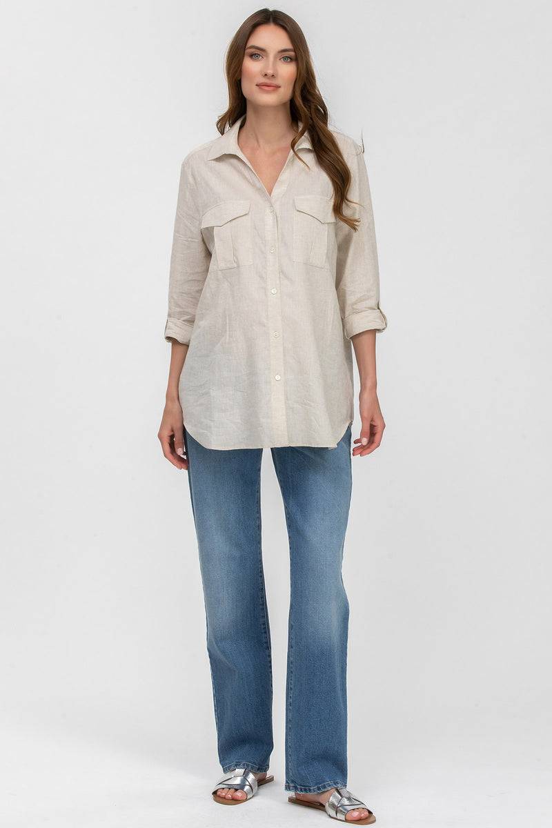 Pietro Brunelli SAFARI POCKET | Camicia Utility Premaman in Lino Beige Outlet