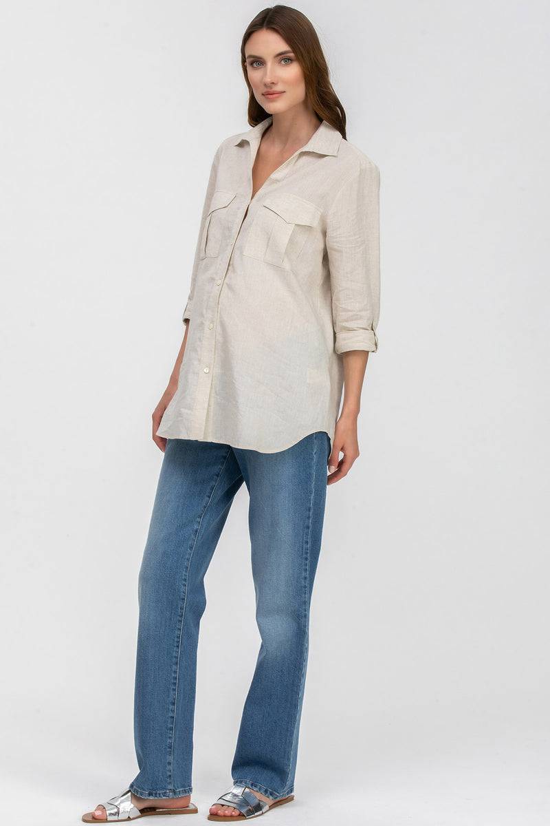 Pietro Brunelli SAFARI POCKET | Camicia Utility Premaman in Lino Beige Outlet