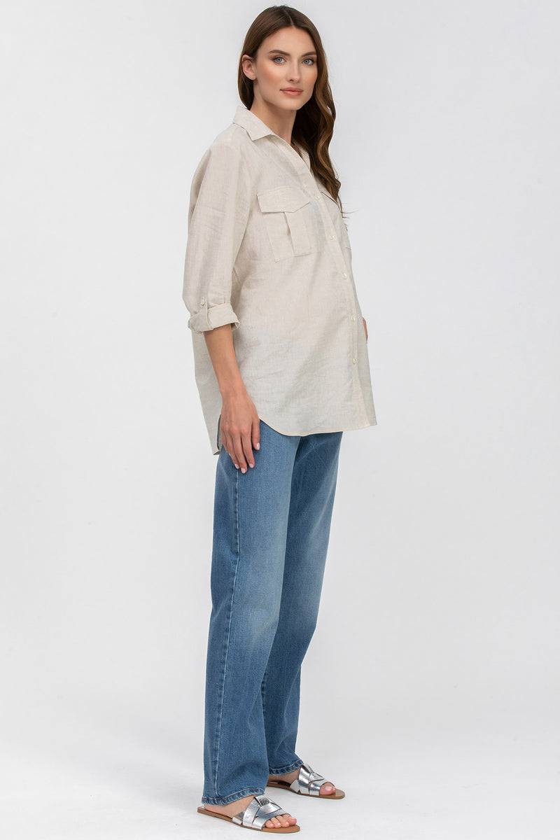 Pietro Brunelli SAFARI POCKET | Camicia Utility Premaman in Lino Beige Outlet