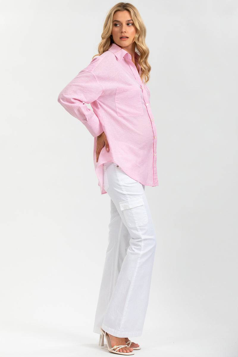 Pietro Brunelli SOPHIA POCKET | Camicia Premaman Oversize con Tasche Frontali in Lino Rosa Saldi Di Fabbrica