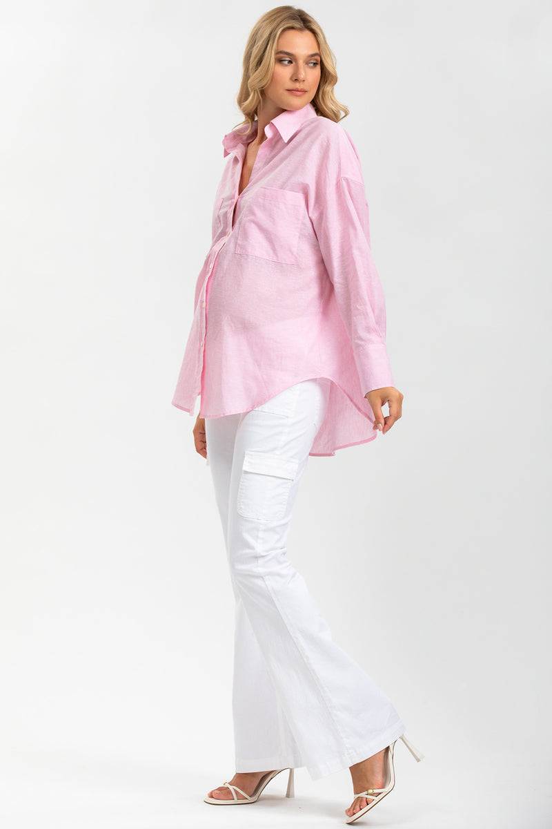Pietro Brunelli SOPHIA POCKET | Camicia Premaman Oversize con Tasche Frontali in Lino Rosa Saldi Di Fabbrica