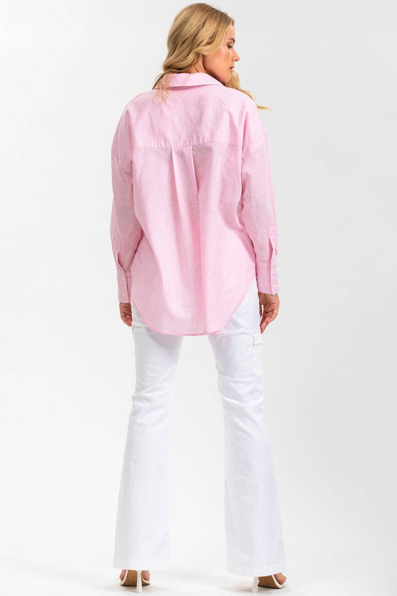 Pietro Brunelli SOPHIA POCKET | Camicia Premaman Oversize con Tasche Frontali in Lino Rosa Saldi Di Fabbrica