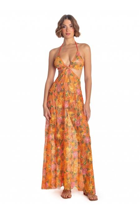 Pin Up Stars ABITO PAREO LUNGO PIZZO MACRAMÉ STAMPA FLOWER BIRD In Vendita