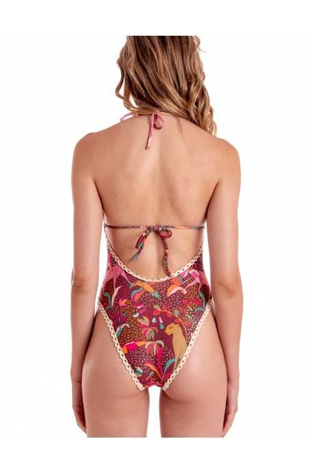 Pin Up Stars COSTUME DA BAGNO INTERO IMBOTTITO CON PASSAMANERIA STAMPA TROPICAL In Saldo