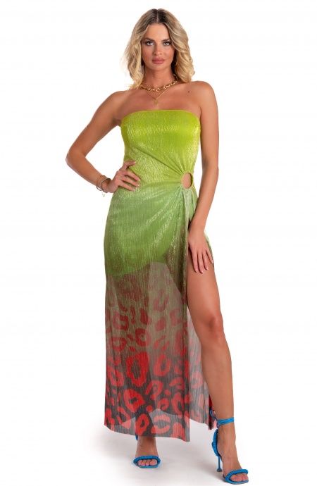 Pin Up Stars Abito Lungo Off-Shoulders Con Anella Crepon Lamè Stampa Macula Degradé In Vendita