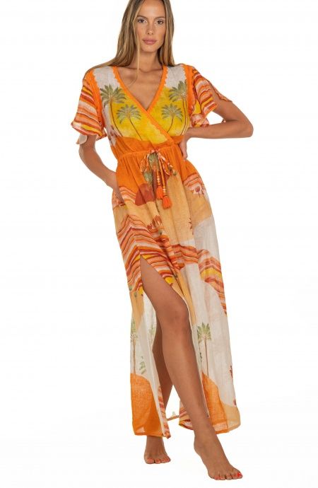 Pin Up Stars Long Dress Scollo a V In Garza Stampa Dune Offerta natalizia