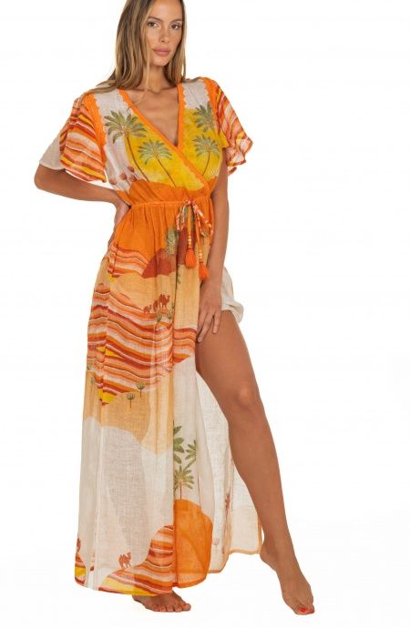 Pin Up Stars Long Dress Scollo a V In Garza Stampa Dune Offerta natalizia