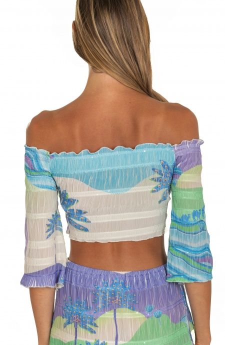 Pin Up Stars Top Goffrato Maniche Campana Stampa Dune Offerta