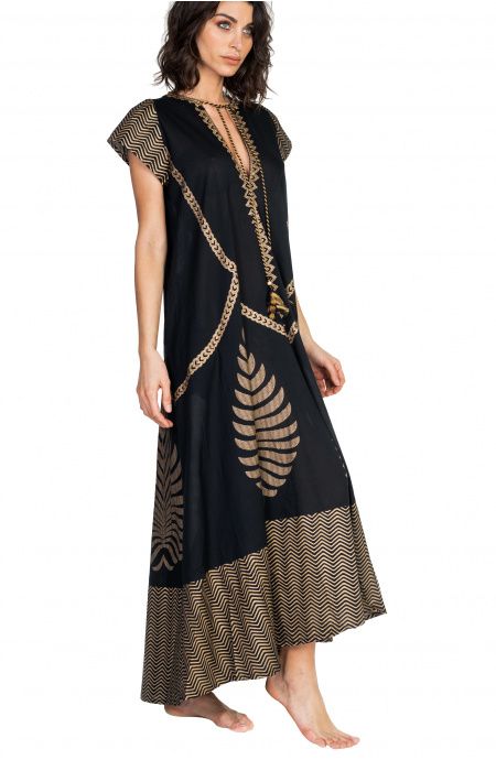 Pin Up Stars Long Dress In Cotone Foglia Oro Vendita Economica
