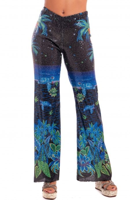 Pin Up Stars Pantalone Zampa Paillettes Stampa Hawaii Prezzo di fabbrica
