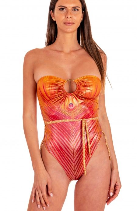 Pin Up Stars Costume Intero Con Anella Stampa Piuma Base Oro Acquista Ora