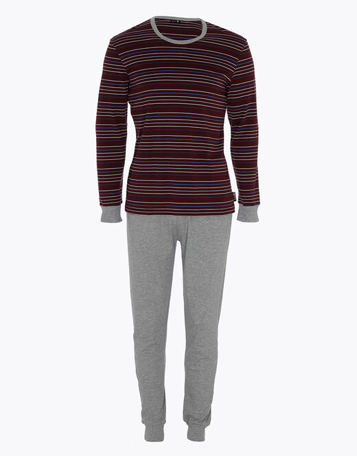 Lovable Pigiama lungo in interlock di cotone, bordeaux con righe multicolor Saldi