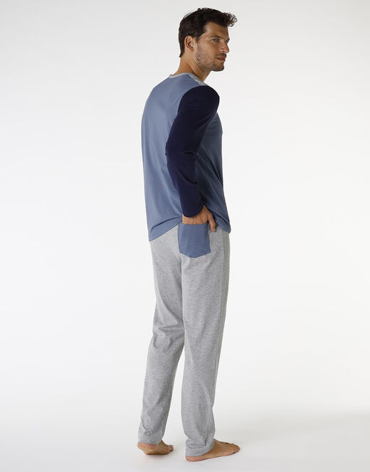 Lovable Piagiama lungo in cotone, blu polvere, blu navy e grigio melange Qualità