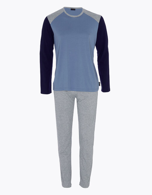 Lovable Piagiama lungo in cotone, blu polvere, blu navy e grigio melange Qualità
