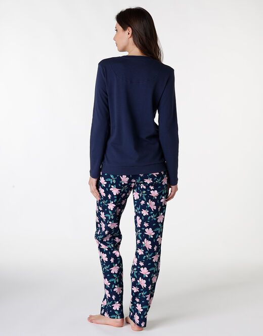 Lovable Pigiama lungo in interlock di cotone, blu con stampa floreale Prezzo Ridotto