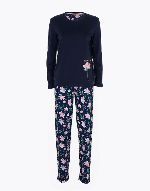 Lovable Pigiama lungo in interlock di cotone, blu con stampa floreale Prezzo Ridotto