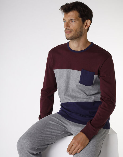 Lovable Pigiama lungo in interlock di cotone, bordeaux grigio e blu Saldi Di Fabbrica
