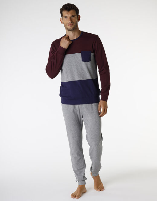 Lovable Pigiama lungo in interlock di cotone, bordeaux grigio e blu Saldi Di Fabbrica