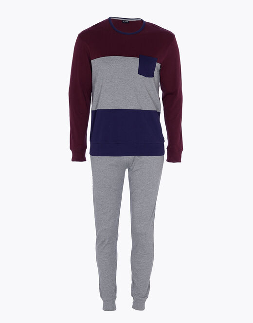 Lovable Pigiama lungo in interlock di cotone, bordeaux grigio e blu Saldi Di Fabbrica
