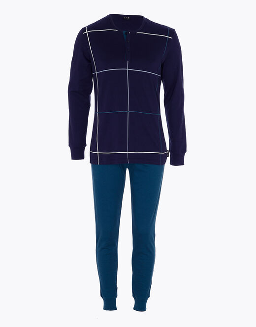 Lovable Pigiama lungo in interlock di cotone, blu navy con stampa a quadri Fino Al -60%