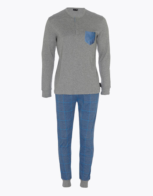 Lovable Pigiama lungo in interlock di cotone, grigio melage scuro e blu polvere con stampa 2025