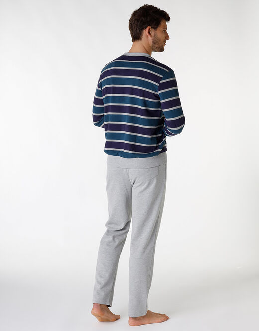 Lovable Pigiama lungo a righe in cotone, grigio melange e blu Soddisfazione Garantita