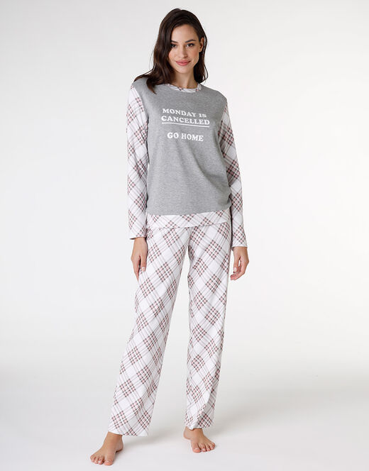 Lovable Pigiama lungo in interlock di cotone, grigio melange stampato Hotsell