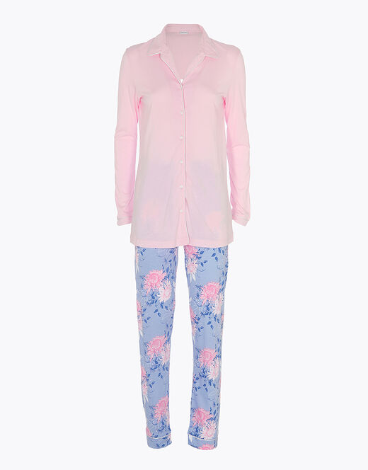 Lovable Pigiama lungo aperto in cotone modal, rosa con stampa floreale Vendite Flash
