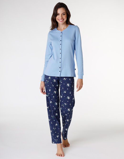 Lovable Pigiama lungo aperto in interlock di cotone, azzurro con stampa Fornitura limitata