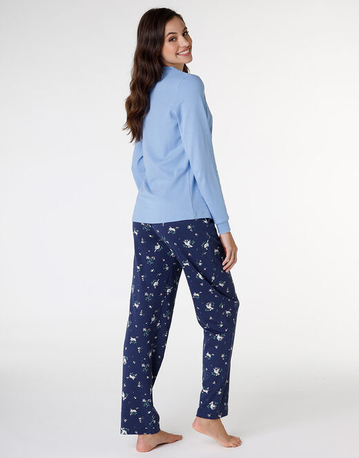 Lovable Pigiama lungo aperto in interlock di cotone, azzurro con stampa Fornitura limitata