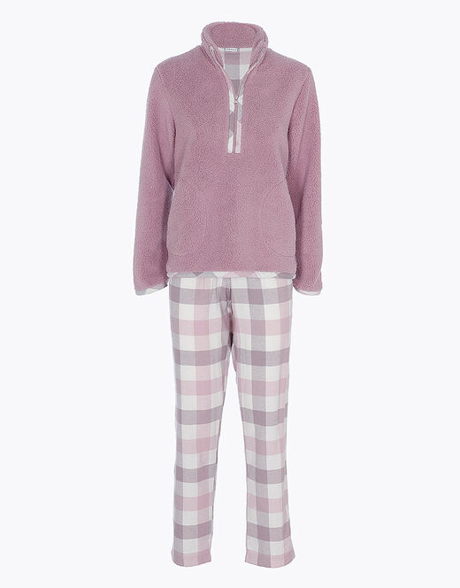 Lovable Pigiama lungo con pelliccetta agnellata e flanella, rosa e grigio Presa