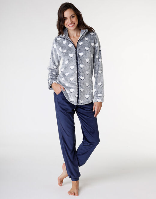 Lovable Homewear aperto in pelliccetta jacquard e micropile, blu In vendita