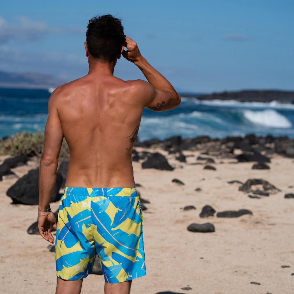Seay / Swim Boxer Medio Giallo Blu Foglie Banano Nuovo